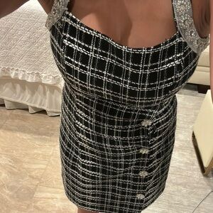 Chic Black and White Plaid Dress with Embellished Straps